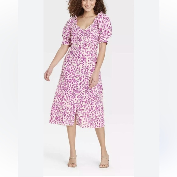 Who What Wear Dresses & Skirts - Who What Wear Violet Animal Print Spring Summer Puff Sleeve Dress Linen Medium